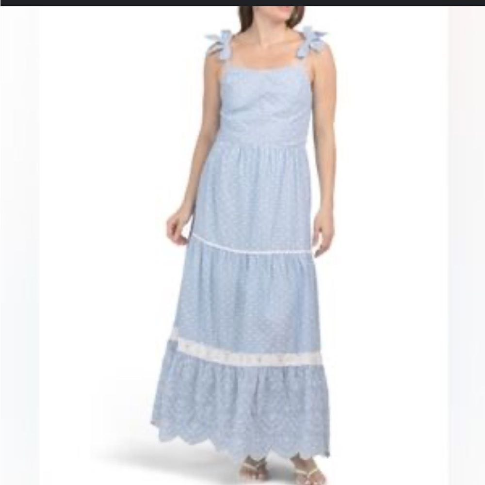 Shabby Chic Blue Gingham Tiered Eyelet Maxi Dress Size 2